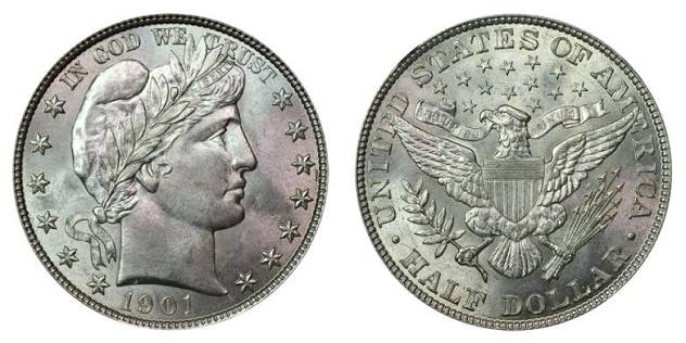 1901 Barber Half Dollar obverse and reverse showing Liberty head and eagle design