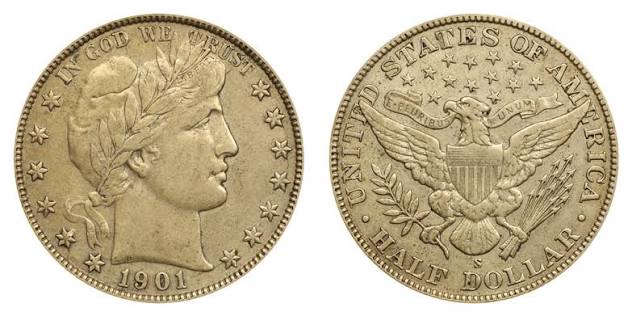 Side-by-side comparison of 1901 Philadelphia Barber half dollar versus 1901-S San Francisco issue showing mint mark and strike quality