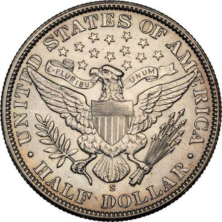 1901-S Barber half dollar reverse showing S mint mark below eagle tail feathers