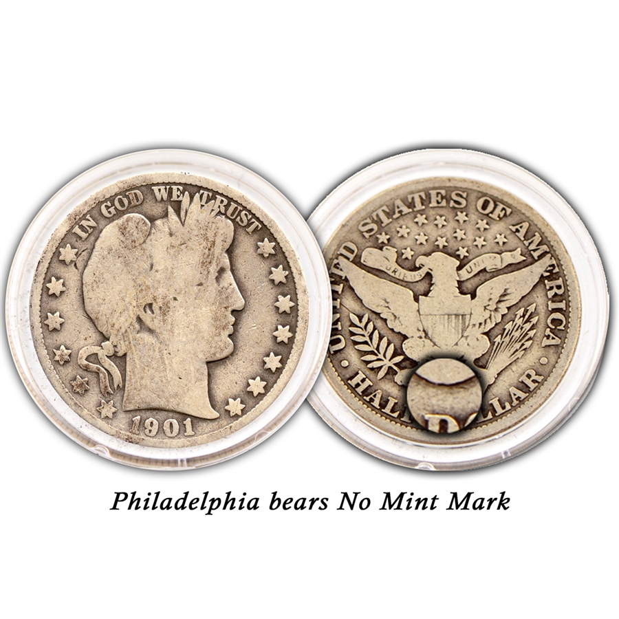 Historical mint facility photograph or group of 1901 Barber half dollars arranged by grade from worn to uncirculated
