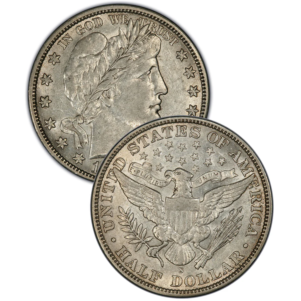 1901 Barber half dollar grading strip showing four examples from Good through Mint State condition for comparison
